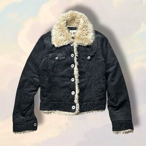 Y2K LA Decker black corduroy fur trim jacket